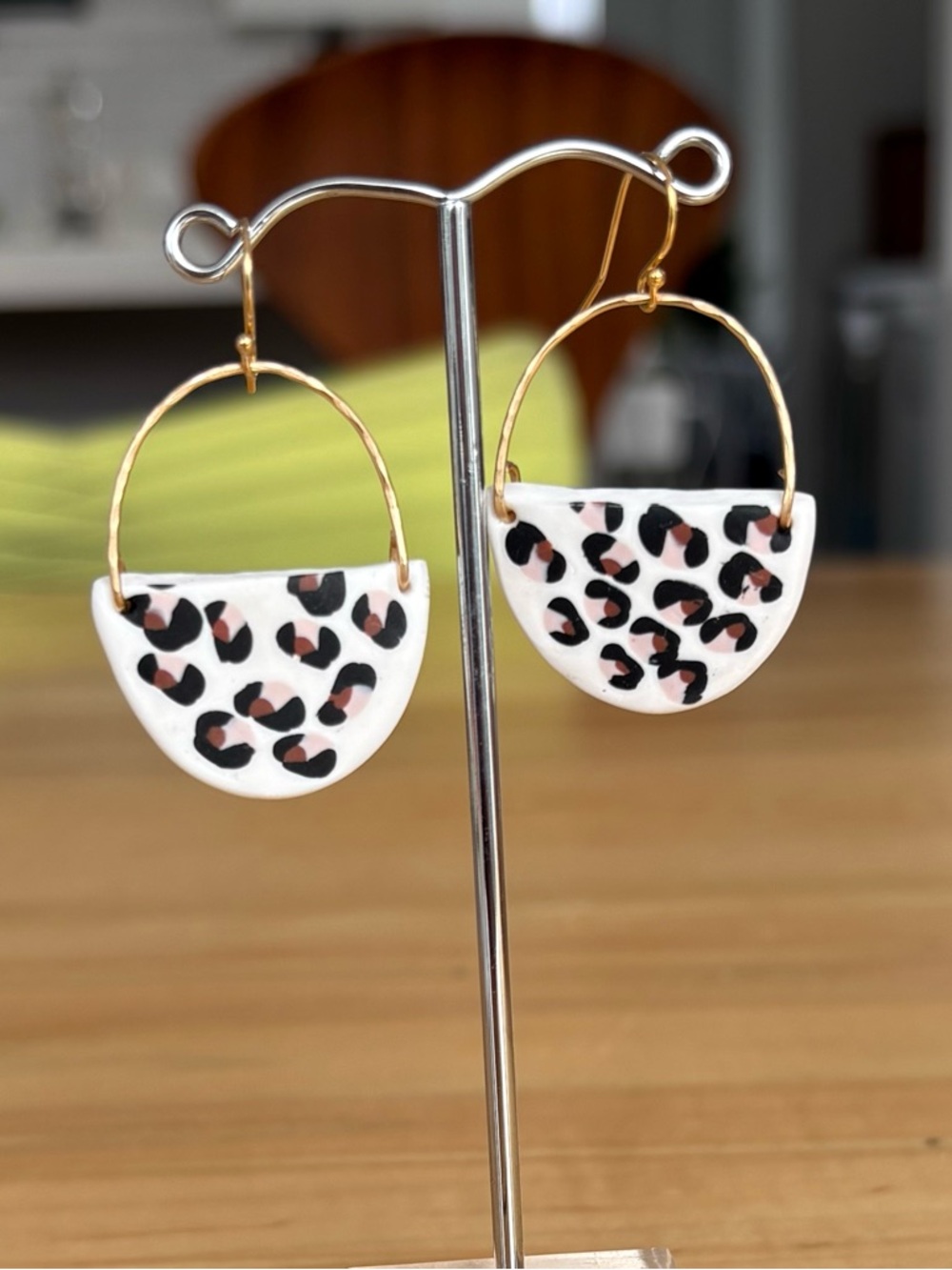 Handmade Leopard Print Hoop Drop Earrings - 14 Kt Gold fill Polymer Clay